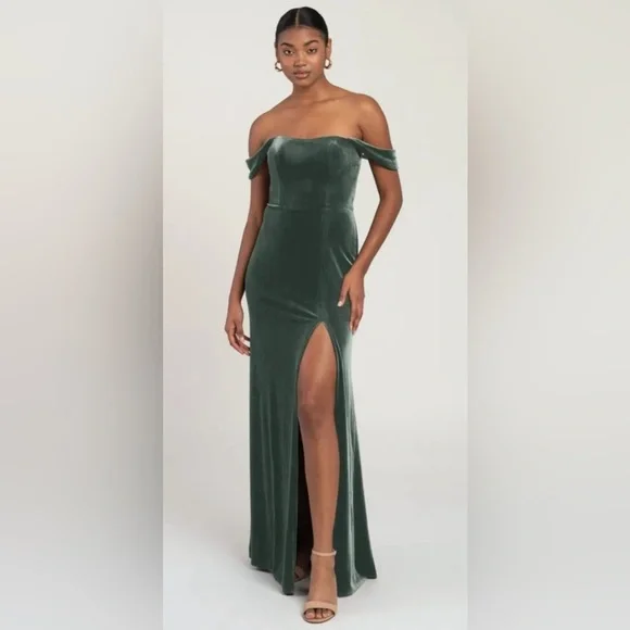 green emerald velvet dress Off The Shoulder Dark Green Velvet High Split Prom Dress with Detachable Train